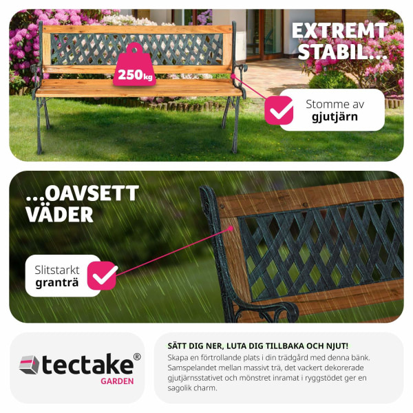 tectake Trädgårdsbänk Tamara 2-sits av trä och gjutjärn 128x51x73cm Brun