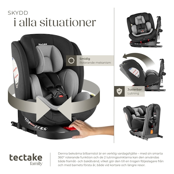 tectake Roterbar bilbarnstol Linus, i-Size godkänd, ISOFIX Ljusgrå