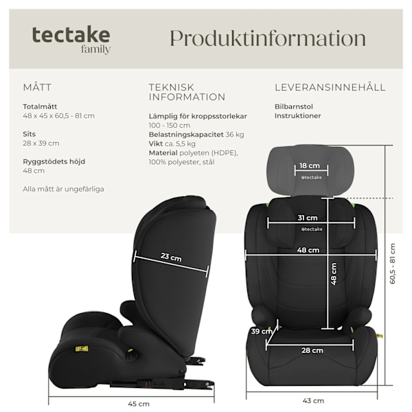 tectake Bilbarnstol Levi, i-Size-godkänd, med ISOFIX Svart