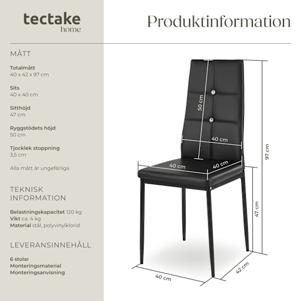 tectake Set matstolar Julien -  Uppsättning om 6 Svart