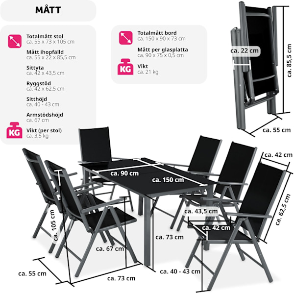 tectake Matgrupp i aluminium med 6 stolar Grafitgrå