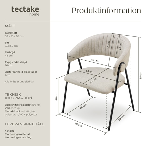 tectake Bedano fåtölj, stoppad, väv, 150 kg -  Uppsättning om 4 greige