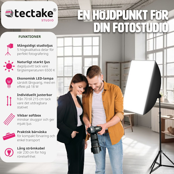 tectake Studiolampa med softbox, stativ och väska Svart