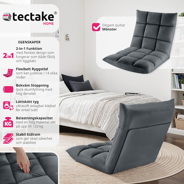 tectake Avslappningsfåtölj Snooze, 2 i 1, sammet, 14-stegs justerbar grå