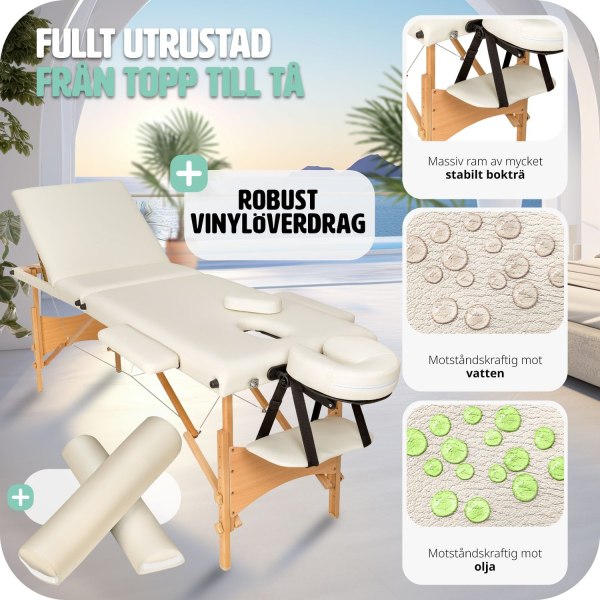 tectake Massage set 3-Zons Massagebänk Daniel med träram, inklusive massagerullar Beige