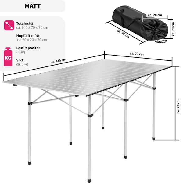 tectake Campingbord i aluminium, hopfällbart 140 x 70 x 70cm grå