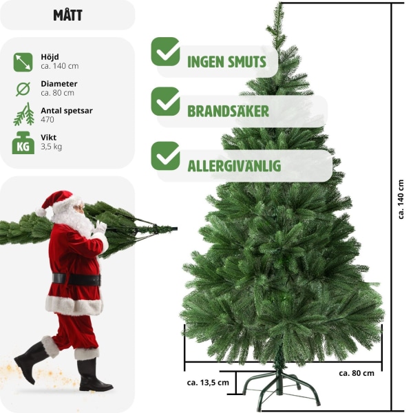 tectake Konstgjord julgran, naturtrogen design och formsprutade granbarr - 140 cm Grön