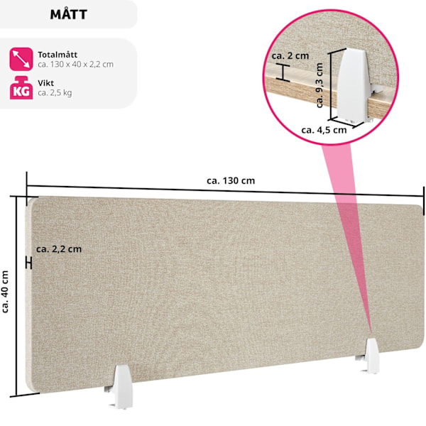 tectake Skrivbordsvägg, avskiljare Noisy med rundade hörn - 130 x 40 cm Beige