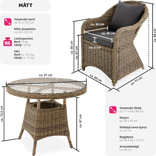 tectake Lyxig möbelgrupp i konstrotting med 3 fåtöljer och bord Natur