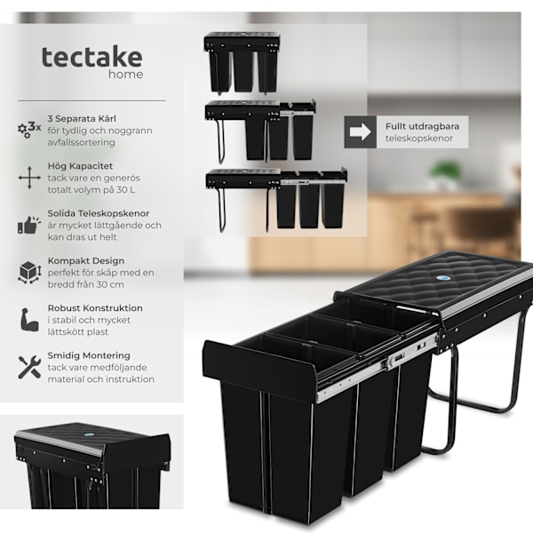 tectake Sopsortering Ashlyn, 3-kärl, 30L Svart