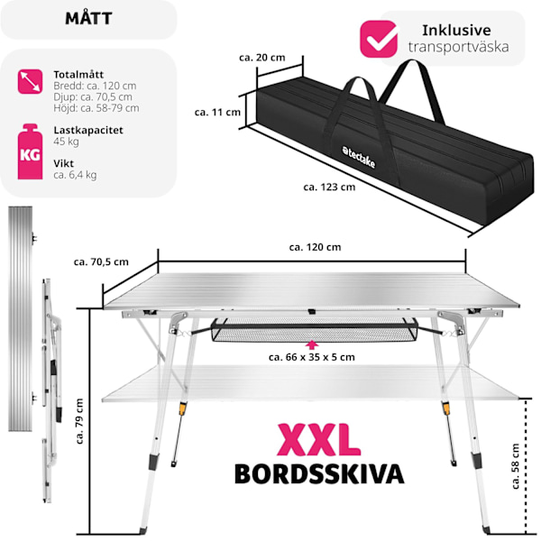 tectake Campingbord i aluminium, höj- och sänkbart, hopfällbart Silver