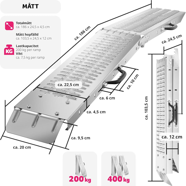tectake Lastramp Björn, 2-pack, hopfällbara, 400kg lastkapacitet - 186 cm Silver