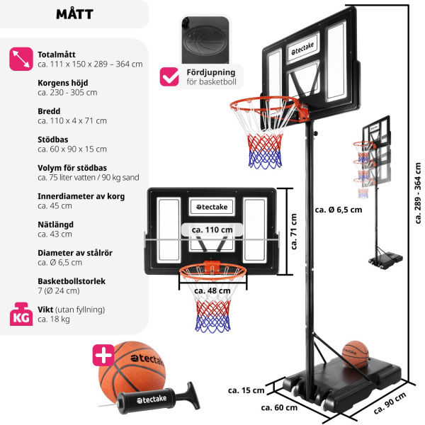 tectake Basketkorg Dirk, höjd 230 - 305 cm, inkl. boll & pump Svart