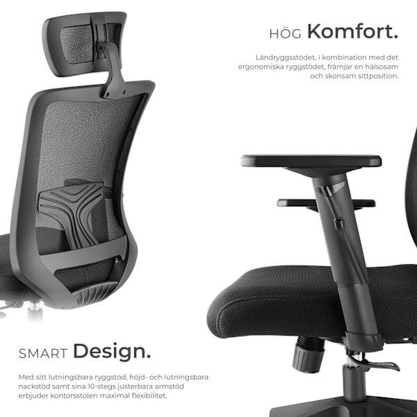 tectake Kontorsstol Phoibe, ergonomisk med justerbart nackstöd Svart