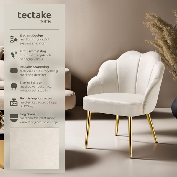 tectake Fåtölj Hellen, stoppad med sammetstyg -  per styck grädde/guld
