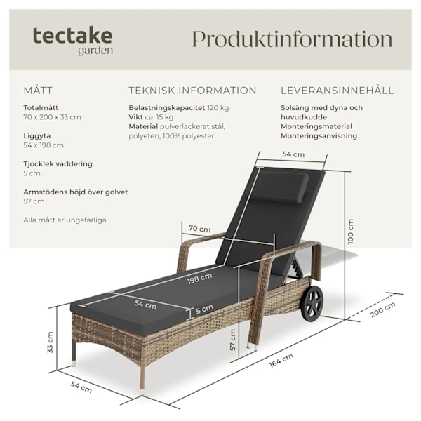 tectake Solsäng i konstrotting med hjul Mörkgrå