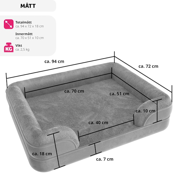 tectake Ortopedisk hundbädd Kimba med hög kant - L (94 x 72 x 18 cm) grå
