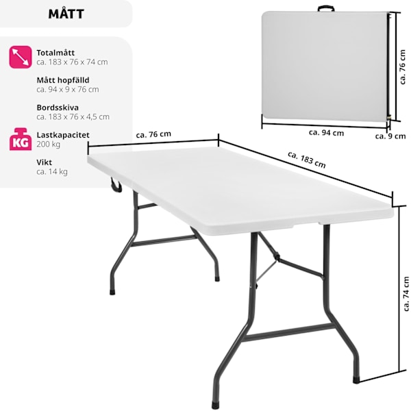 tectake Camping fällbord 183x76x74cm Vit