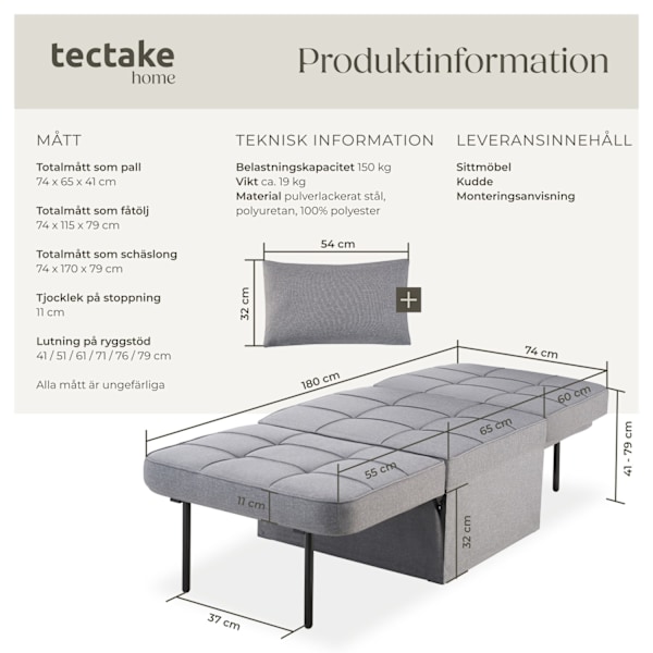 tectake Schäslong Ponto, 4 i 1, 6-stegs höjdjusterbar grå
