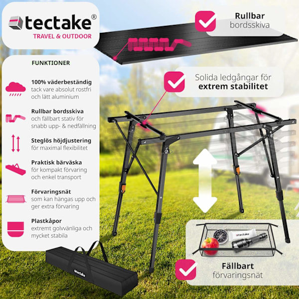 tectake Campingbord Tina i aluminium , hopfällbart, höj- och sänkbart Svart