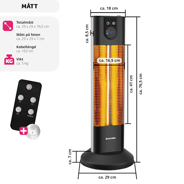 tectake Infravärmare Solaris Terra 1500W med timerfunktion Svart