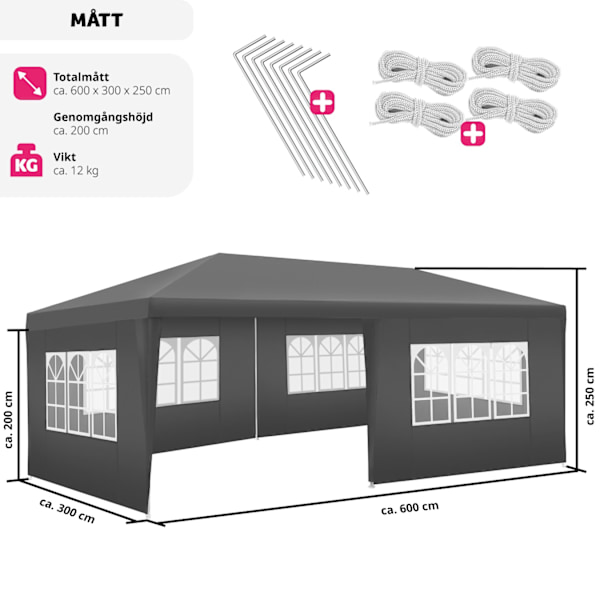 tectake Paviljong Vivara 6x3m med 5 sidopaneler grå