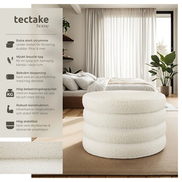 tectake Sittpuff med förvaringsutrymme Altu XL Bouclé cremevit