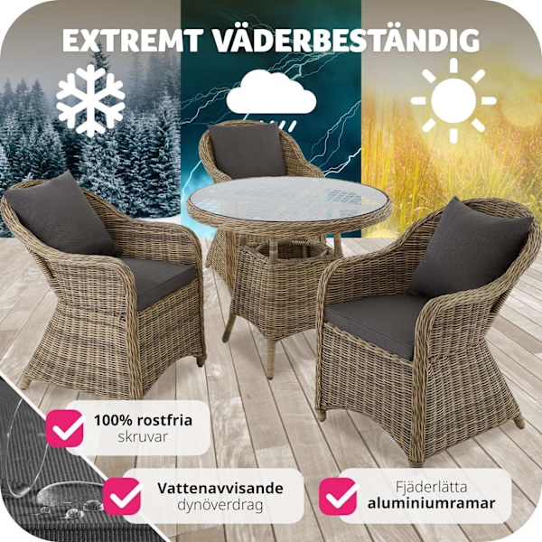 tectake Lyxig möbelgrupp i konstrotting med 3 fåtöljer och bord Natur