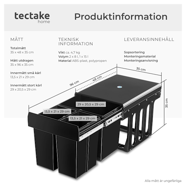 tectake Sopsortering Ashlyn, 3-kärl, 31L Svart