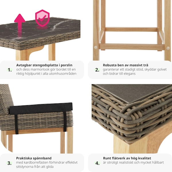 tectake Rotting barbord Kutina med 4 stolar Latina Natur