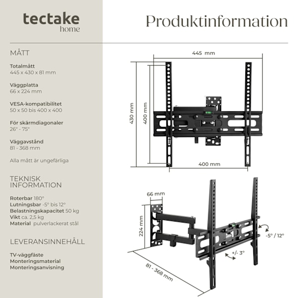 tectake Väggfäste TV för 26-75 tum lut-och vridbar, VESA max.: 400x400, till 50kg Svart