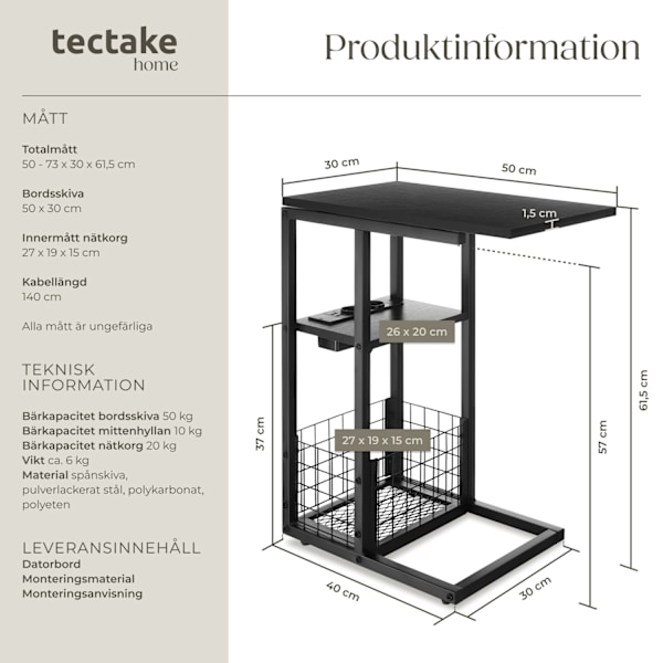 tectake Datorbord Rhea, C-form, med laddstation Svart