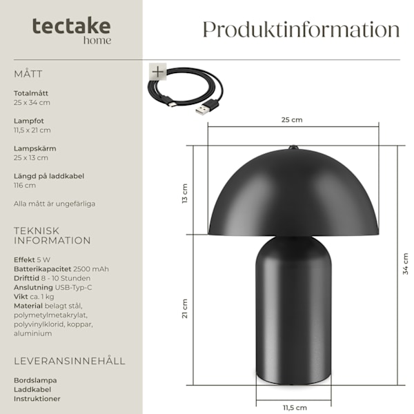 tectake Liten bordslampa Kade, dimbar, 40W Svart