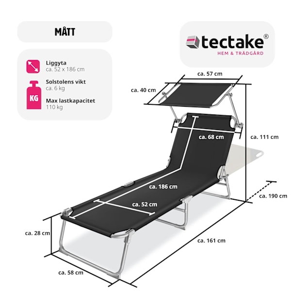 tectake Solsäng med soltak Svart