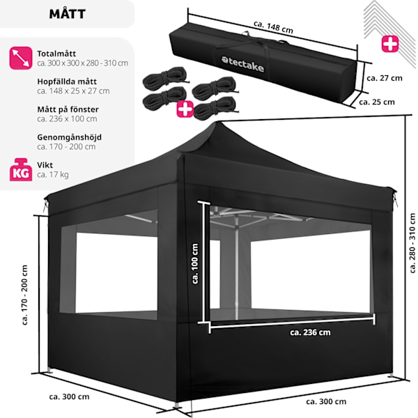 tectake Paviljong Olivia 3x3m med 4 väggar Svart