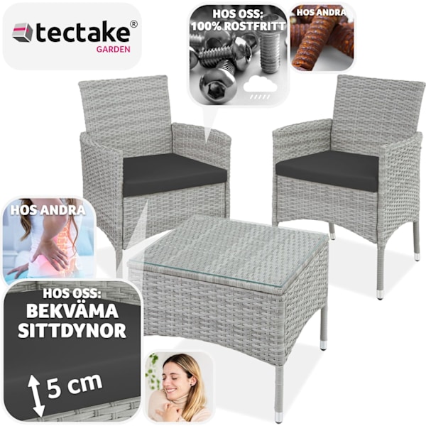 tectake Loungeset Luzern i konstrotting 2+1 inkl överdrag i 2 färger Ljusgrå