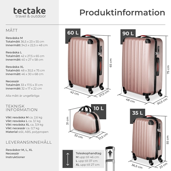 tectake Resväskor 4 set Pucci, bagage av ABS-hårdplast RoseGold