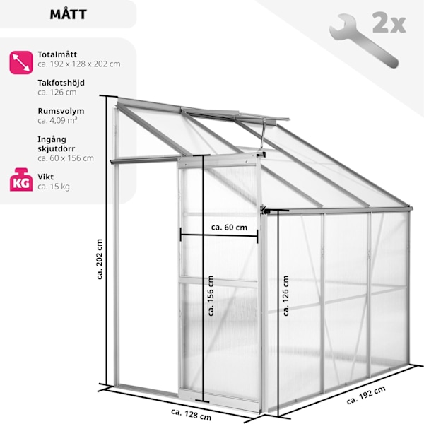tectake Väggväxthus av aluminium utan fundament 192x128x202cm Transparent
