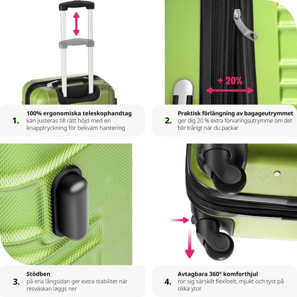 tectake Resväskor 4 stycken, Set med bagage av hårdplast med säk Grön