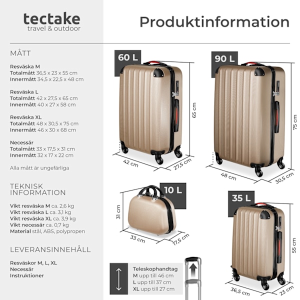 tectake Resväskor 4 set Pucci, bagage av ABS-hårdplast Champagne