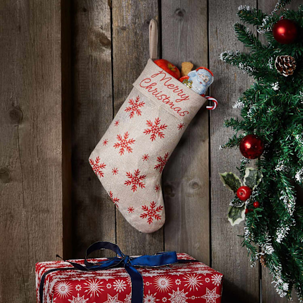 tectake Julstrumpa i juteoptik med snöflingor Beige