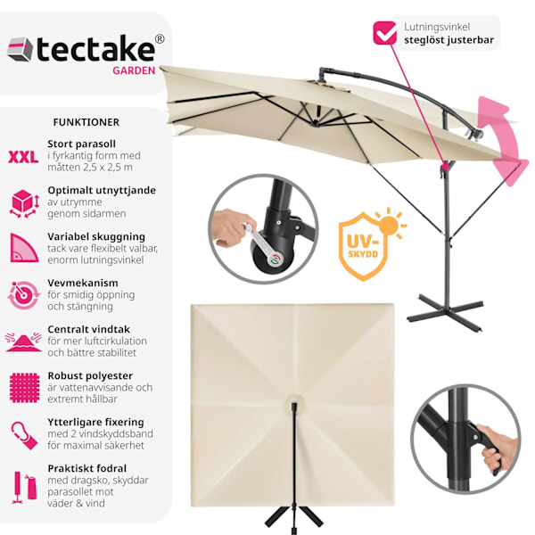 tectake Solparasoll Apollon med vevmekanism 2,5 x 2,5 m Beige