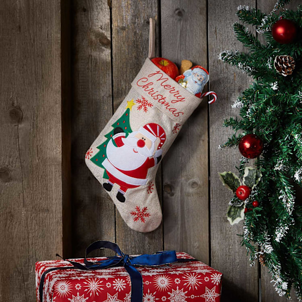 tectake Julstrumpa i juteoptik med tomtemotiv Beige