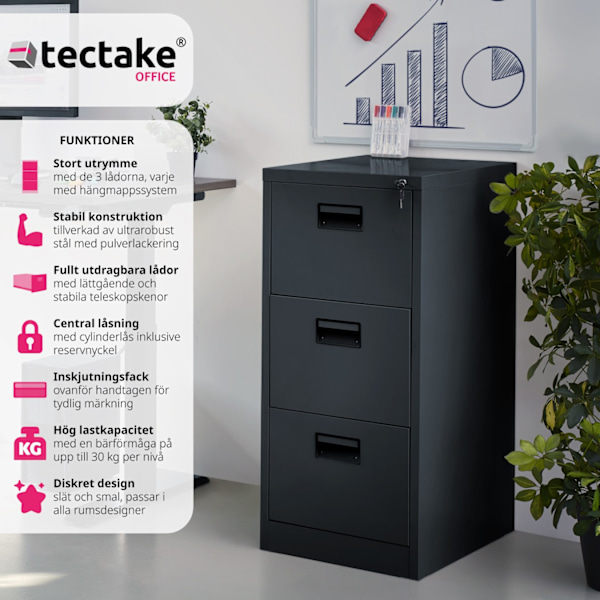 tectake Dokumentskåp med 3 lådor Svart