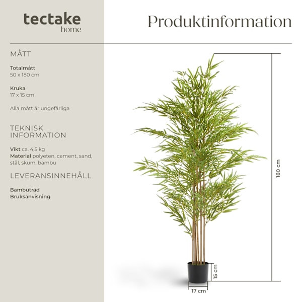 tectake Konstgjort bambuträd Bambosa, naturtrogen textur - 180 cm Grön
