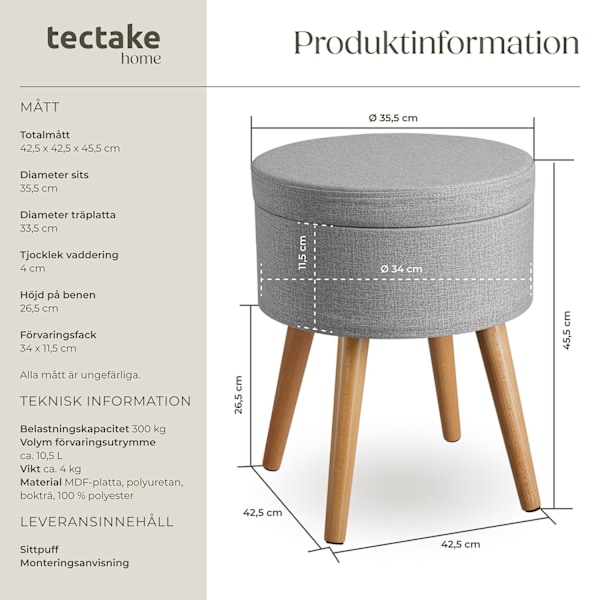 tectake Sittpuff med förvaringsutrymme Yara Ljusgrå