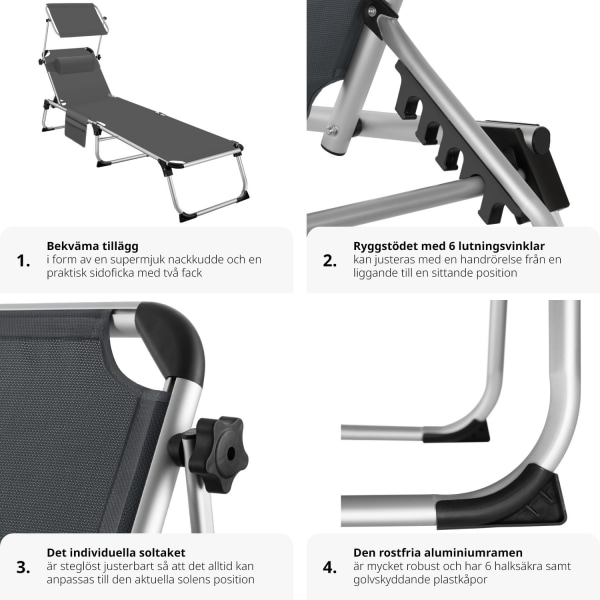 tectake Solstol Aurelie i aluminium, 6-stegs justerbar grå