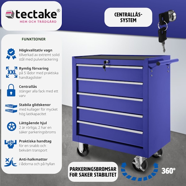 tectake Verktygsvagn med 5 lådor Blå