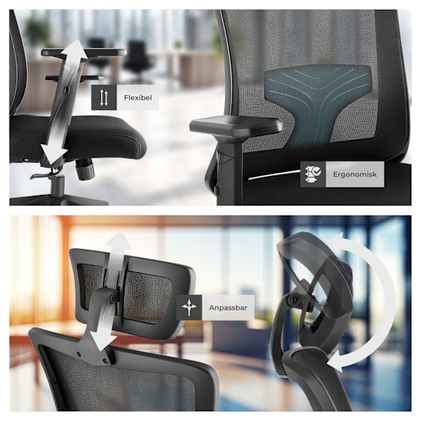 tectake Kontorsstol Phoibe, ergonomisk med justerbart nackstöd Svart