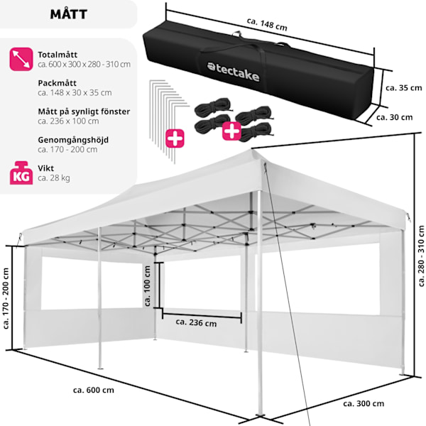 tectake Hopfällbart partytält Viola 3x6 m med 2 sidodelar Vit